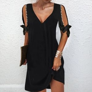 Plunging V-Neck Split Sleeve Black Dress